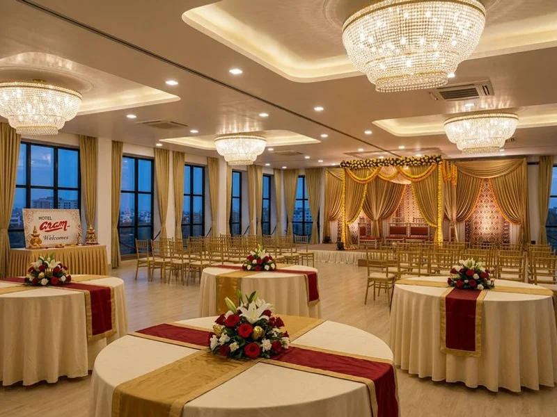 Grand banquet hall set up for a wedding reception at Hotel Aram