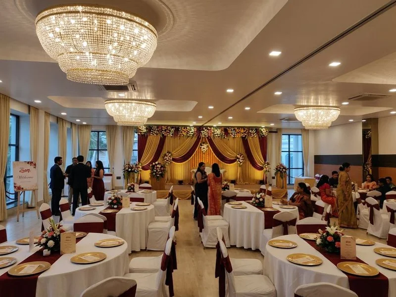 Large banquet hall set up for a grand wedding at Hotel Aram