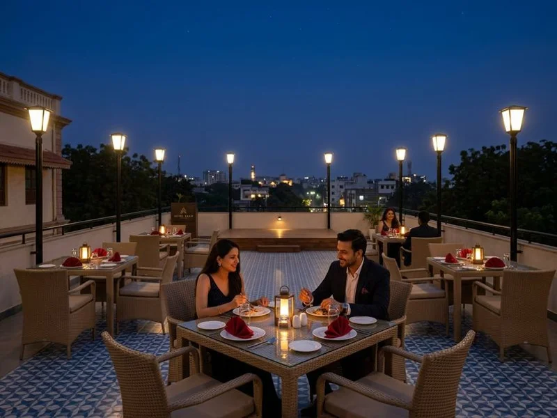 Evening ambiance at 360 Rooftop Restaurant with city lights