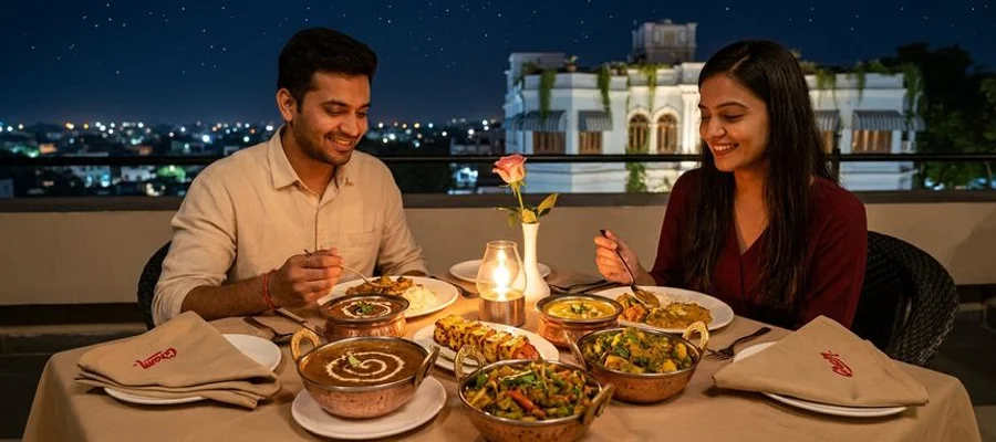 Dining under the stars at 360 Rooftop Restaurant with Jamnagar night views