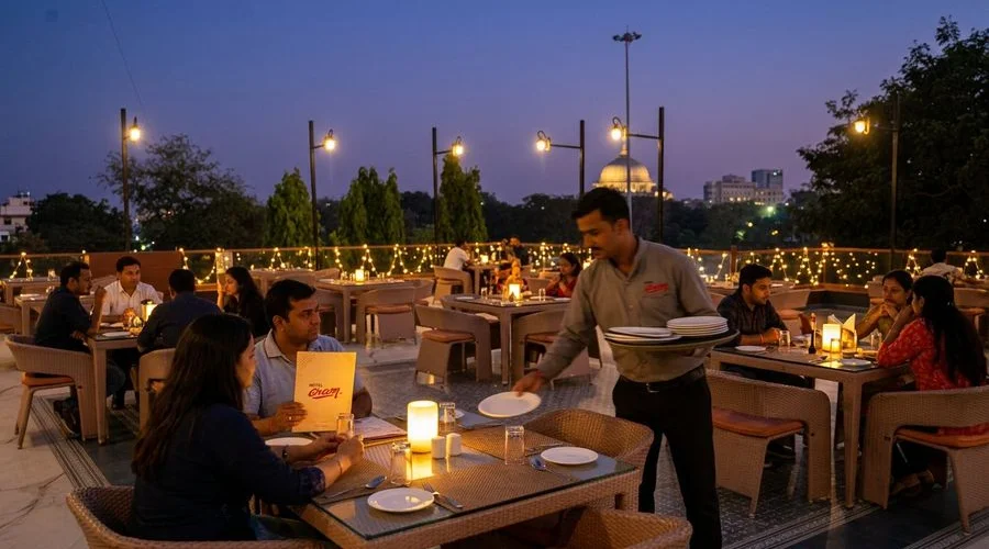 360 Rooftop Restaurant evening scene with city lights and guests dining al fresco