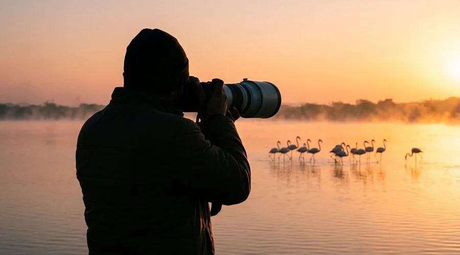 Birdwatcher photographing flamingos at dawn in Khijadiya Bird Sanctuary near Jamnagar