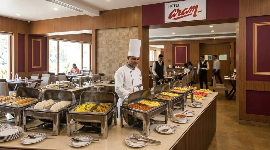 Breakfast buffet counter at Aram Restaurant featuring Indian and continental selections