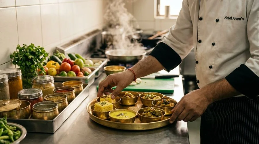 Chef preparing fresh Gujarati thali dishes in the kitchen at Hotel Aram