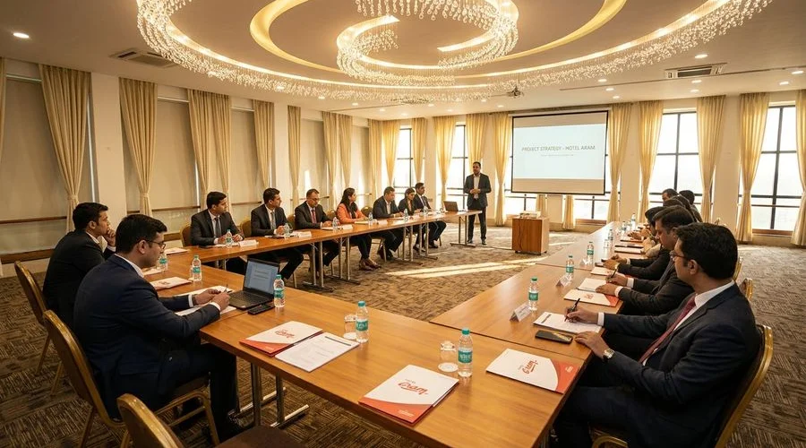 Corporate meeting in progress at Hotel Aram conference hall with AV equipment