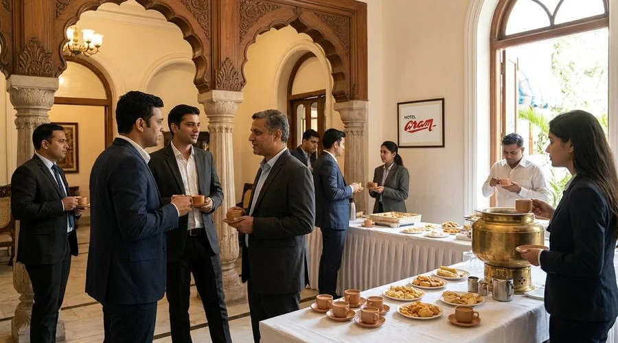 Delegates enjoying a tea break during a corporate conference at Hotel Aram
