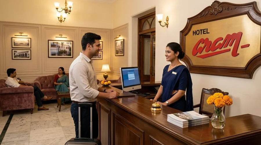 Hotel Aram front desk staff assisting a guest with direct booking and personalised service