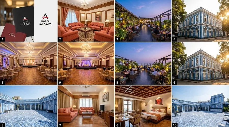 Grand banquet hall at Hotel Aram decorated for a large corporate event