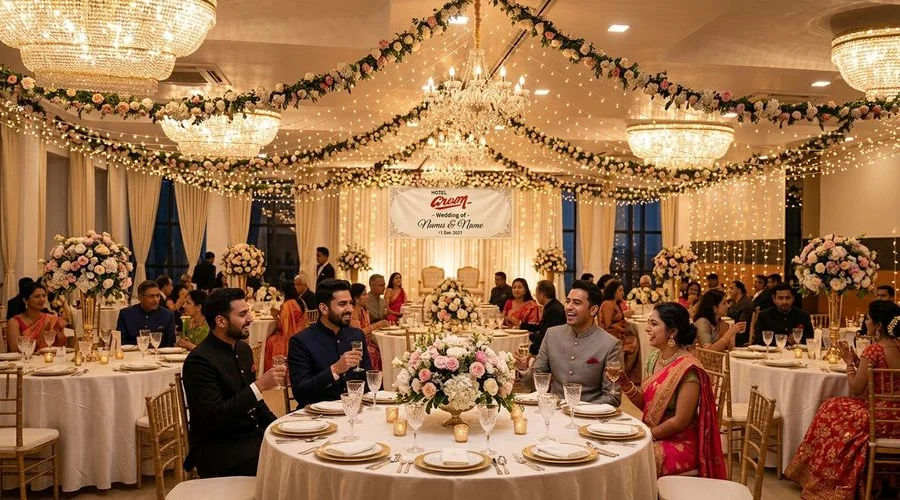 Grand banquet hall decorated for a wedding reception with elegant floral arrangements