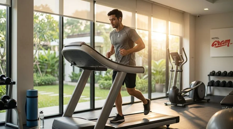Guest using the cardio equipment in the morning at Hotel Aram fitness centre