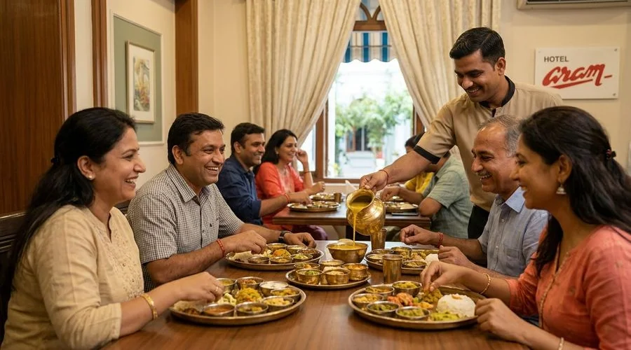 Guests enjoying a traditional unlimited Gujarati thali meal at Aram Restaurant Hotel Aram