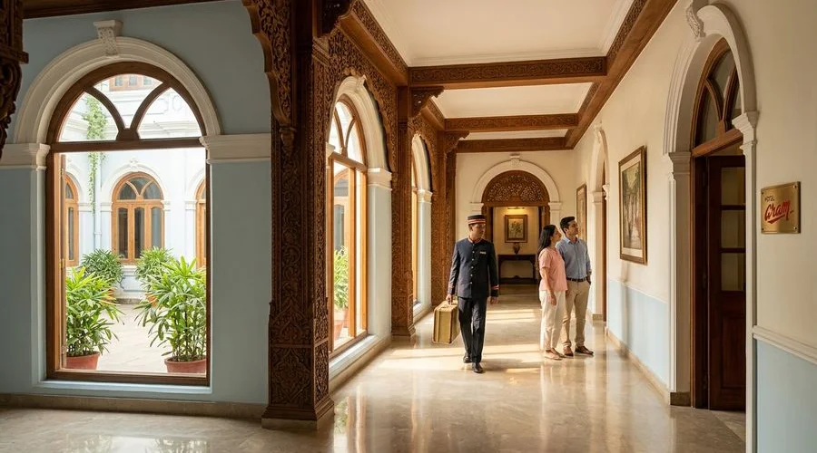 Elegant heritage corridor with Burmese wood carvings leading to guest rooms at Hotel Aram