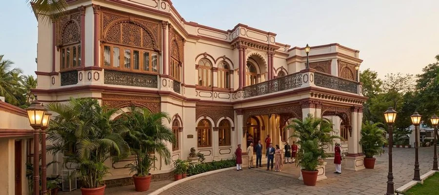 Victorian-era heritage building of Hotel Aram with original Burmese wood carvings in Jamnagar