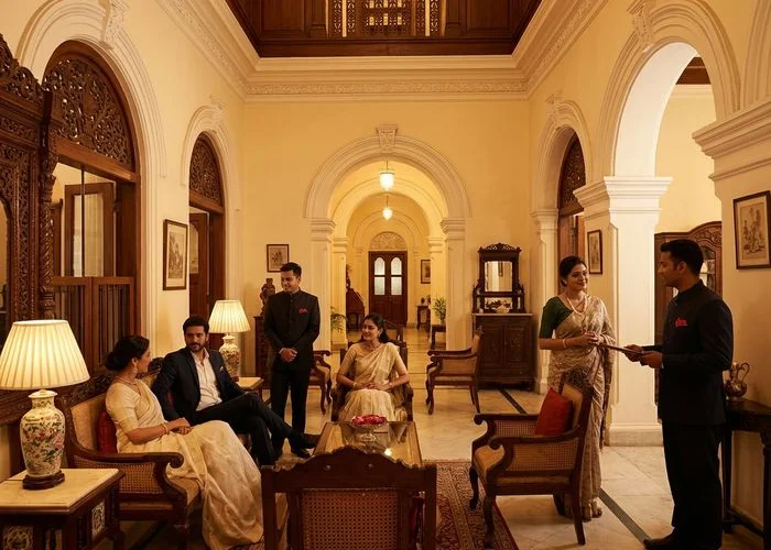 Interior of Hotel Aram showcasing original Victorian architecture and Burmese wood carvings