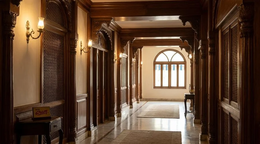 Interior detail of original Burmese teak wood carvings in the heritage corridors of Hotel Aram