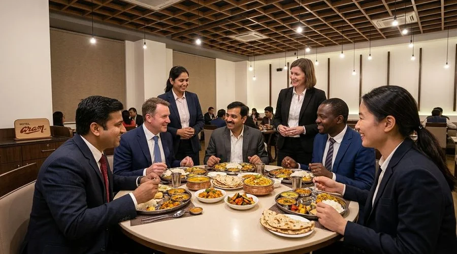 International delegates dining at Aram Restaurant discussing traditional medicine research