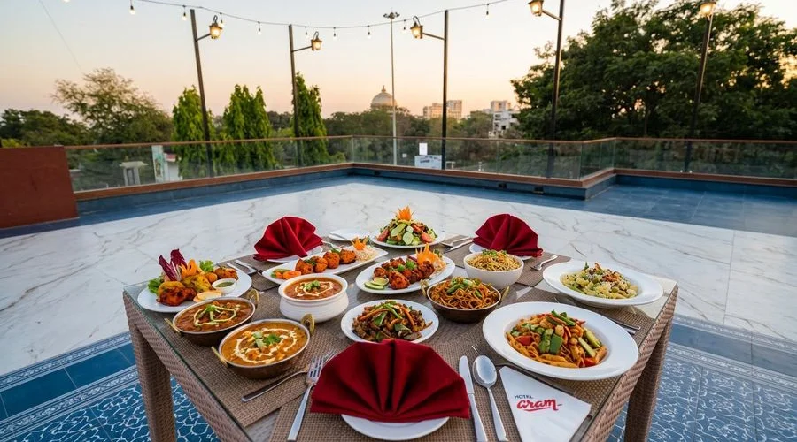 Beautifully plated multi-cuisine vegetarian dishes served at the rooftop restaurant