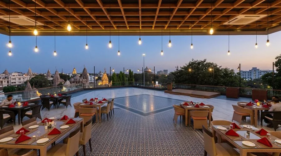 Panoramic evening view from 360 Rooftop Restaurant overlooking Jamnagar city skyline