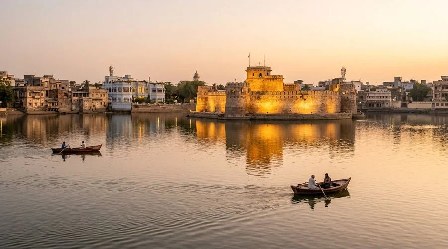 Panoramic view of Lakhota Lake with Lakhota Palace fort in the centre of Jamnagar