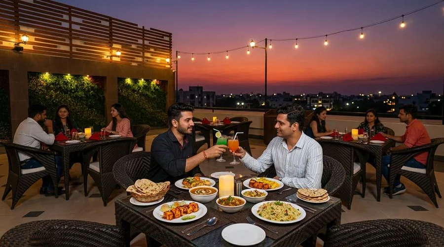 Rooftop dining experience at Hotel Aram with panoramic city views and traditional vegetarian cuisine