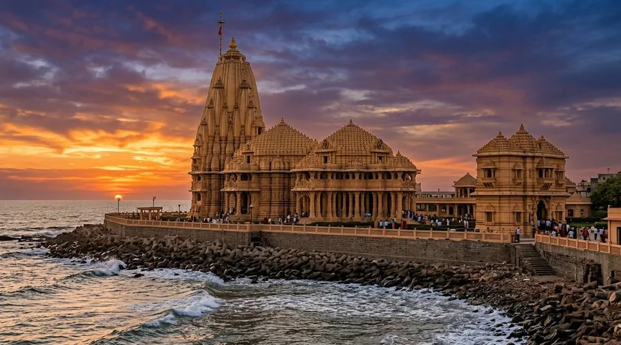 Somnath Temple at sunset with dramatic sky and ancient architecture on the coast