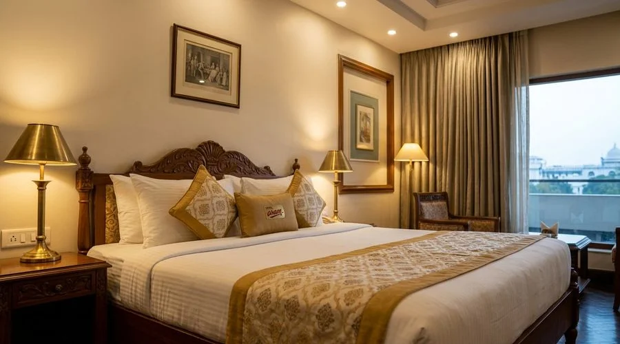 Super Deluxe Room interior with king-size bed and heritage decor at Hotel Aram