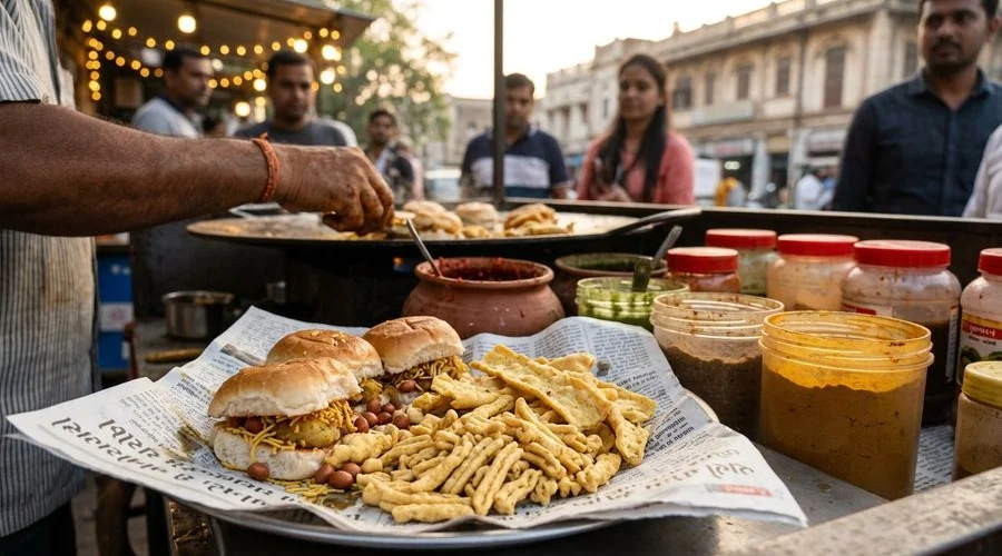 Traditional Gujarati street food including dabeli, gathiya, and pani puri from Jamnagar vendors