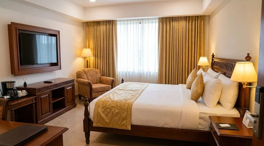 Upgraded deluxe room at Hotel Aram with heritage decor and modern amenities