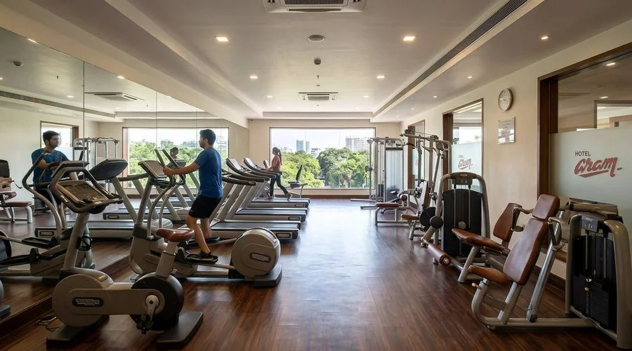 Well-equipped fitness centre at Hotel Aram with modern cardio and strength equipment